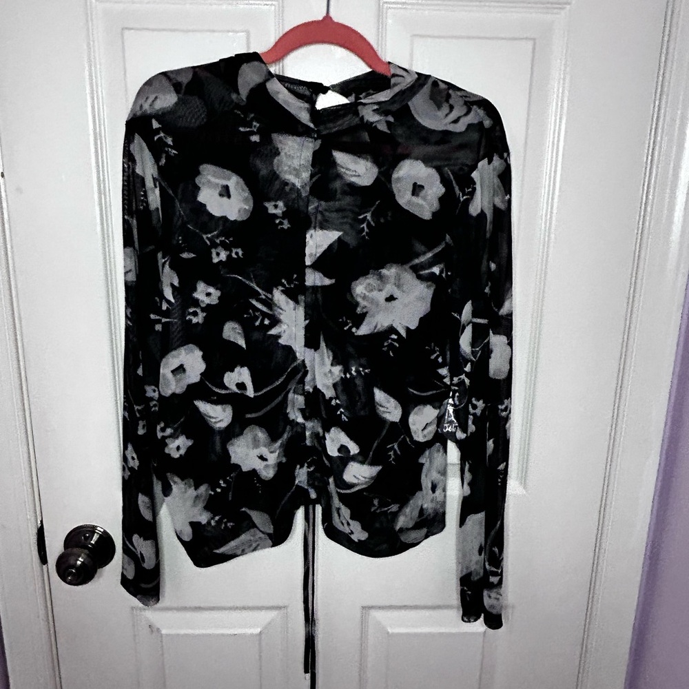 Jolie Joy Black White Mesh Rocker Top Plus Size Ruched Long Sleeve Stretch